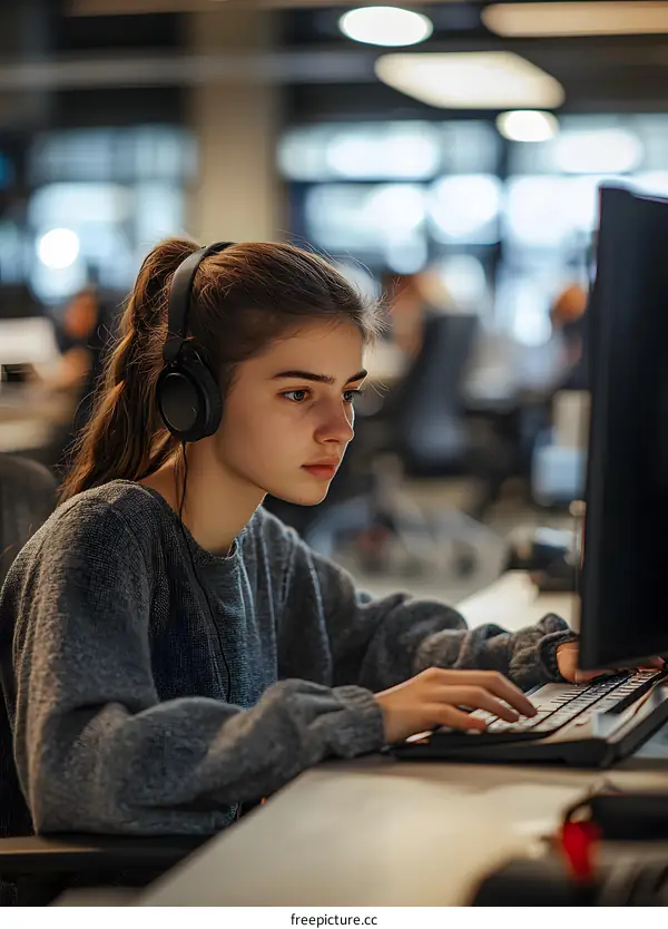 Young Woman Working at Computer in Office