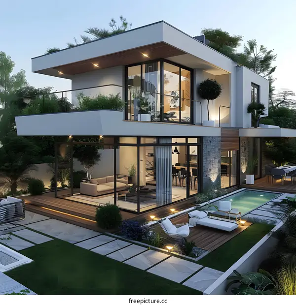 A modern house with a pool and a garden