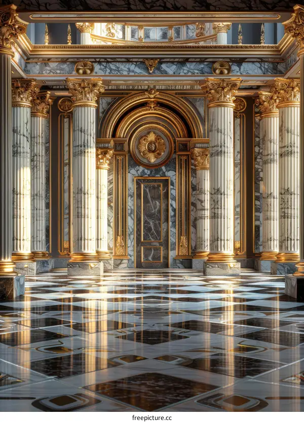 ornate hallway with marble columns and shiny reflective floor tiles