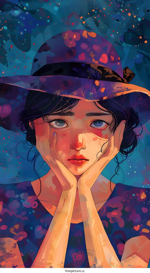 An illustration of a woman wearing a purple hat with blue eyes and dark hair cupping her face