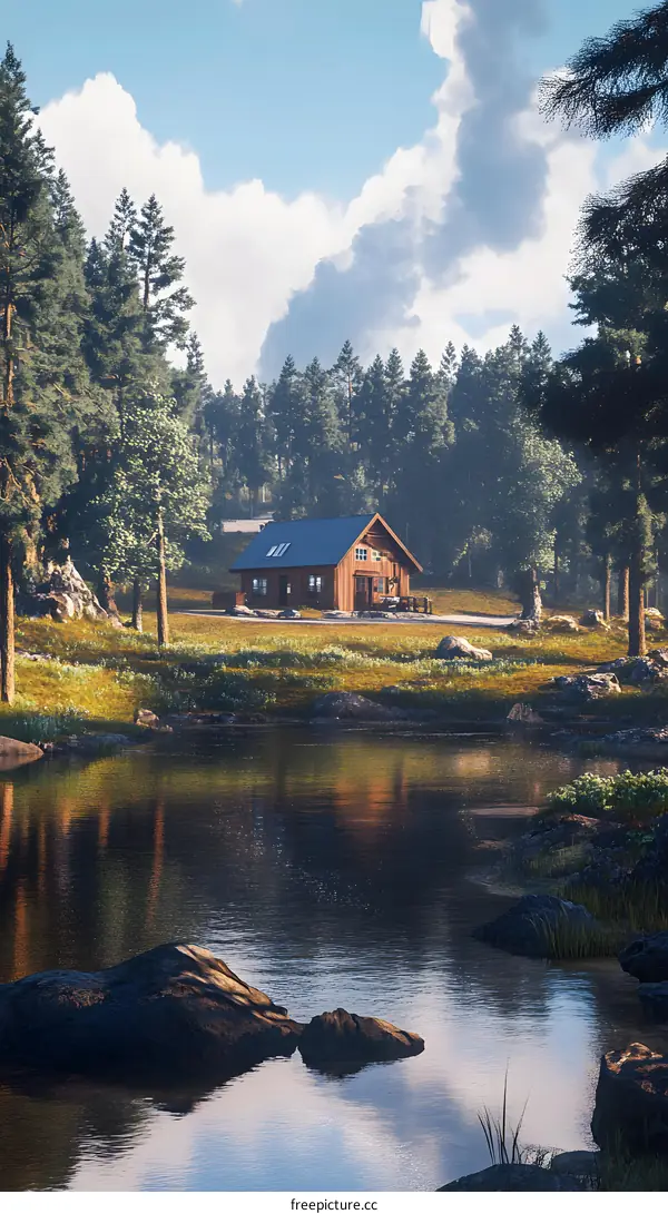 Wooden Cabin by the Lake in Forest
