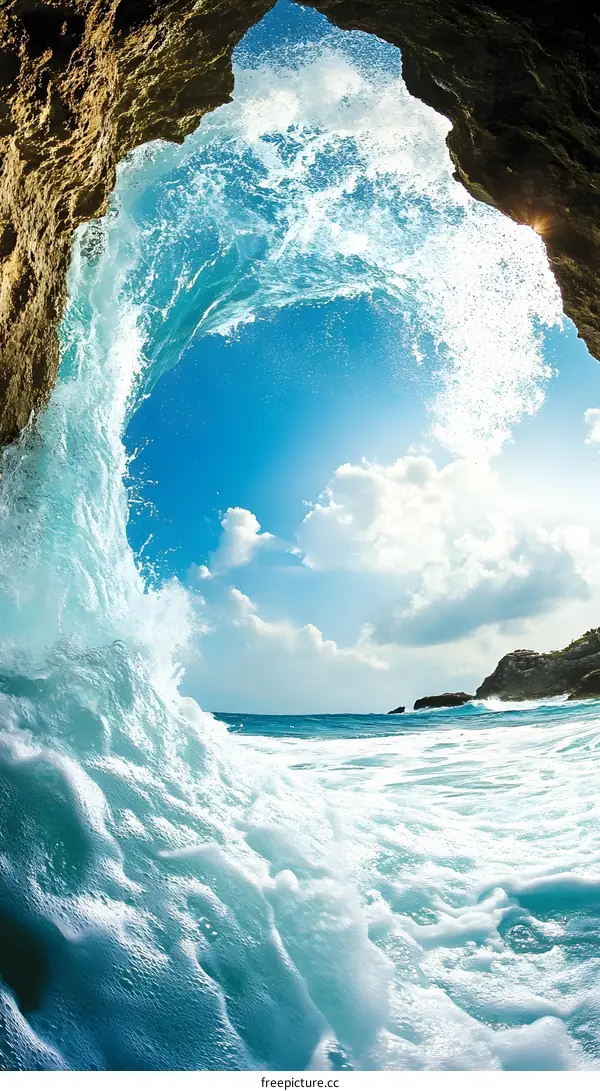 Ocean Wave Crashing Through Cave Opening