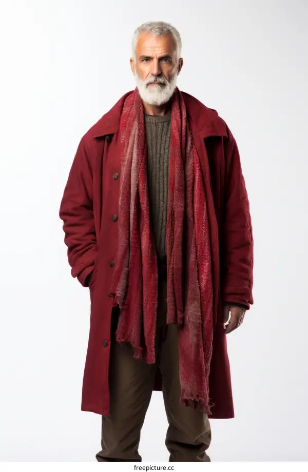 Portrait of a serious mature man with grey beard wearing red coat and scarf