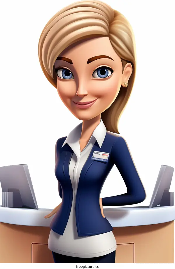 A 3D illustration of a blonde woman wearing a blue suit and white blouse standing at a counter with two computers on it