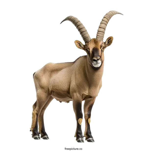 [Transparent Background PNG]Brown Mountain Goat with Curved Horns Standing on a White Background