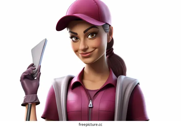 Female golfer in pink cap and purple shirt smiles holding golf club and smartphone