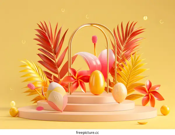 3D Illustration of Tropical Easter Eggs with Flowers and Golden Arch
