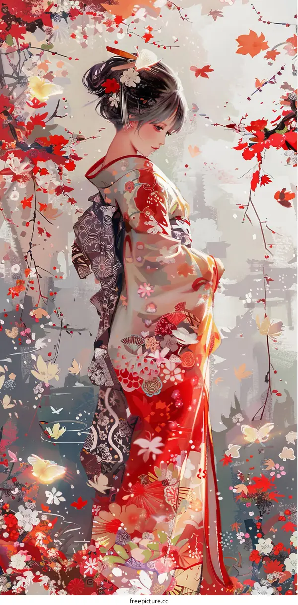 A beautiful Japanese woman wearing a kimono stands in a field of red flowers.