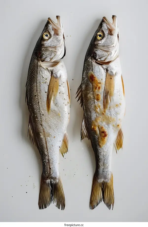 Two grilled fishes on a white background