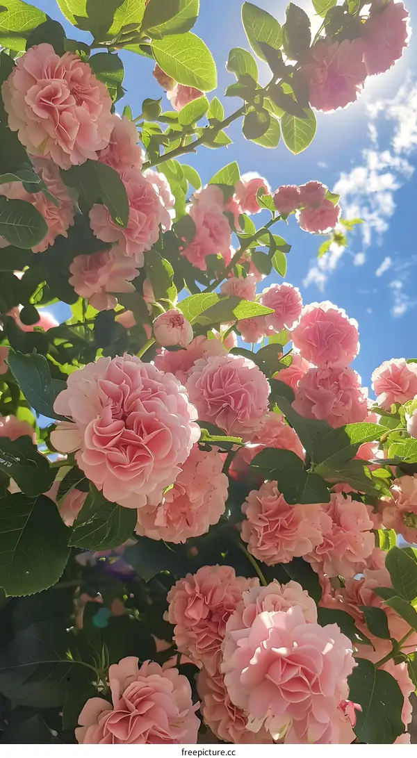 Pink Roses Blooming Under Blue Sky