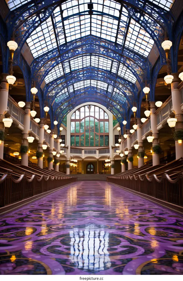 Long Ornate Corridor and Glass Ceiling Interior