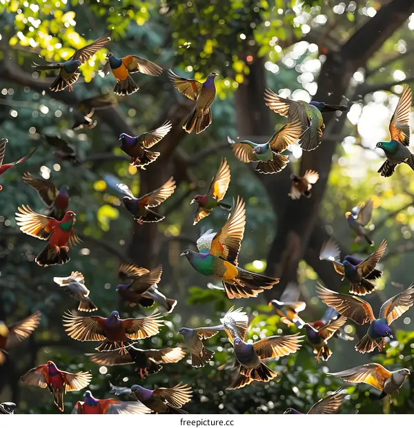 A Flock of Pigeons Swirling in Sun-Soaked Forest