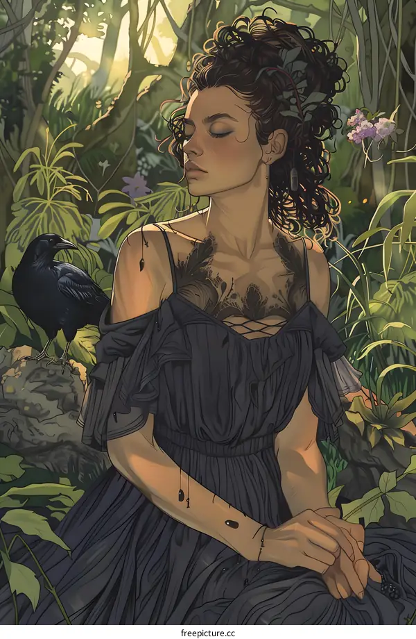 Woman in Black Dress Surrounded by Lush Greenery