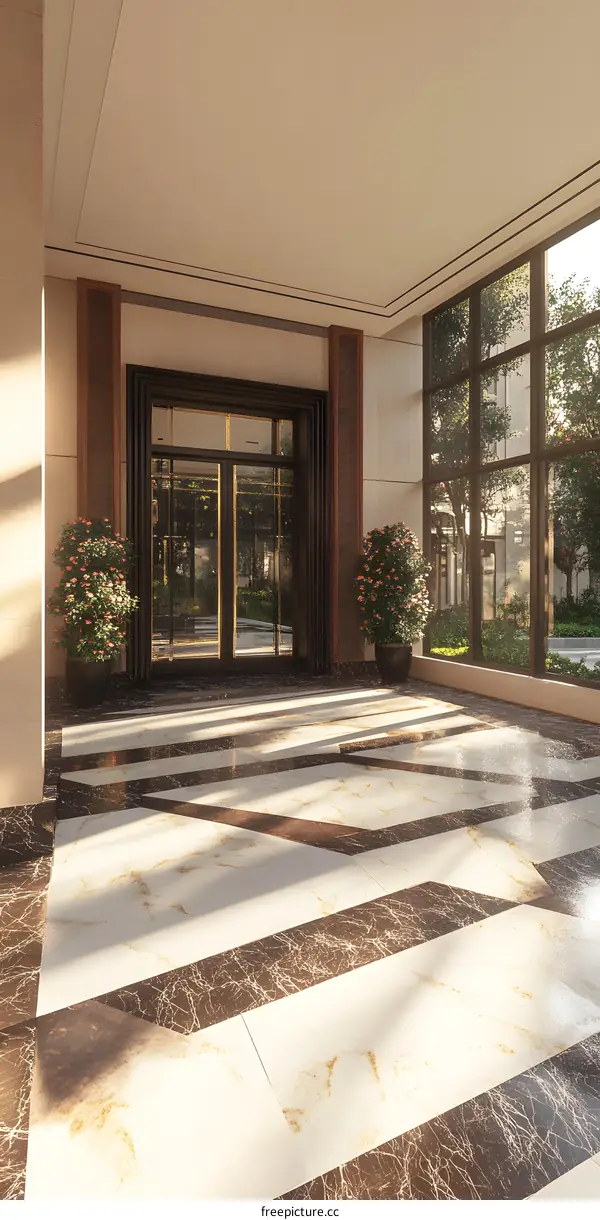 Modern Building Entrance with Marble Floor and Glass Doors