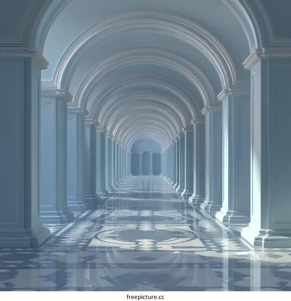 Long blue hallway with marble floor and arched ceiling