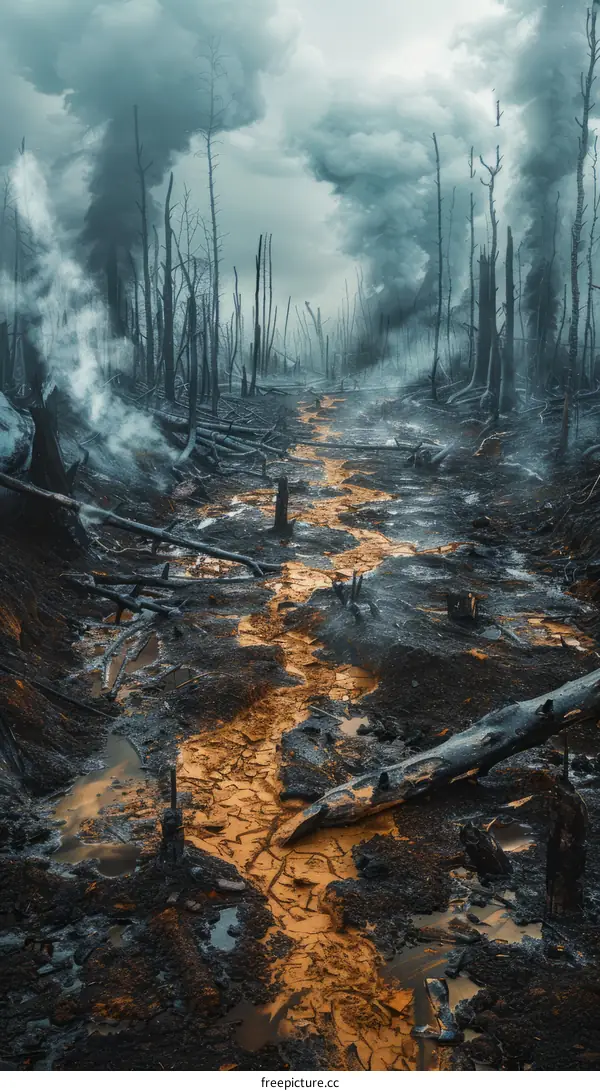 A river of lava flows through a forest of dead trees