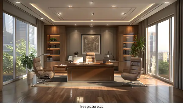 Modern office interior with large windows and wooden furniture