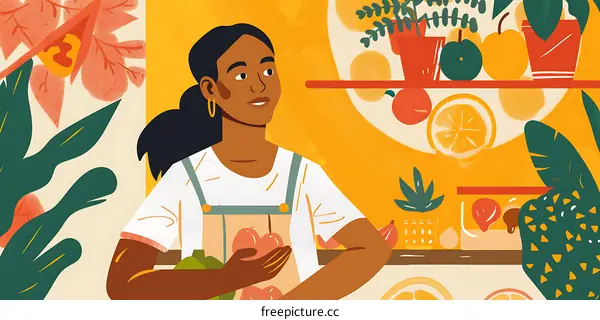 Woman Holding Fruit In Front of a Shelf With Plants and Fruits