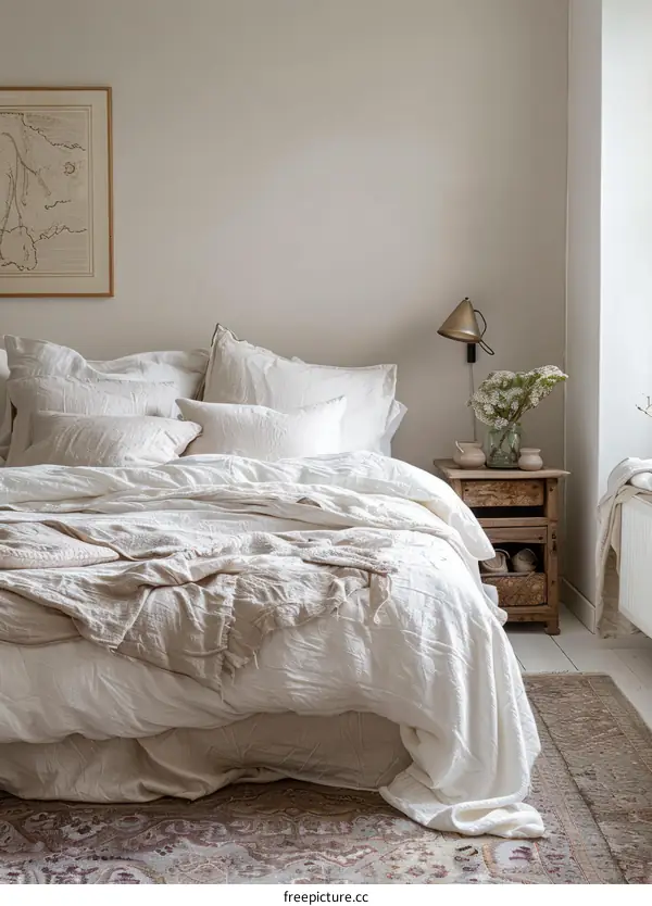 Cozy White Bedroom with Vintage Rug and Natural Light