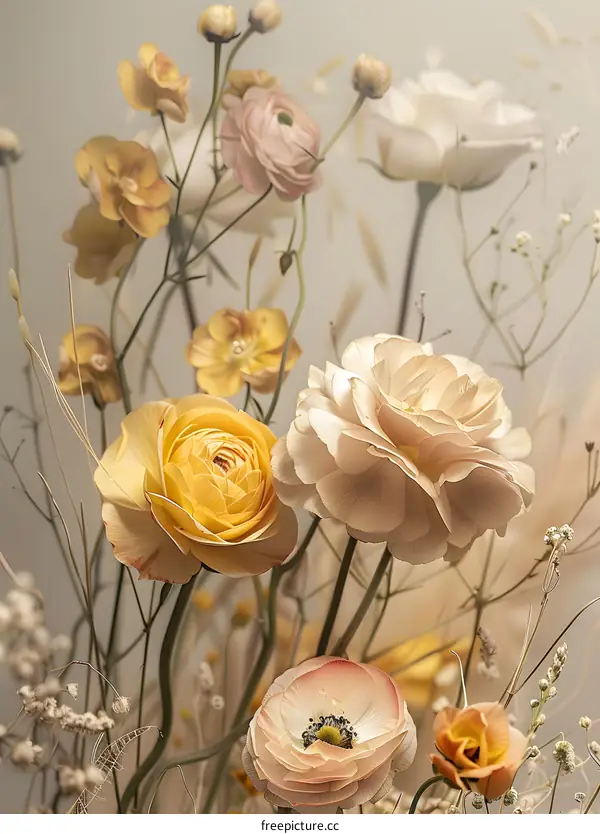 Beautiful Bouquet of Pastel Flowers with Neutral Background