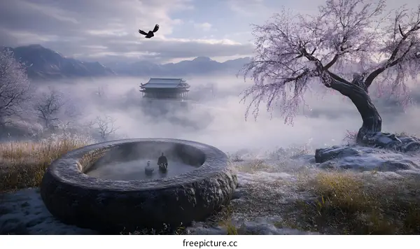 Misty Mountain Landscape with Pagoda and Hot Spring