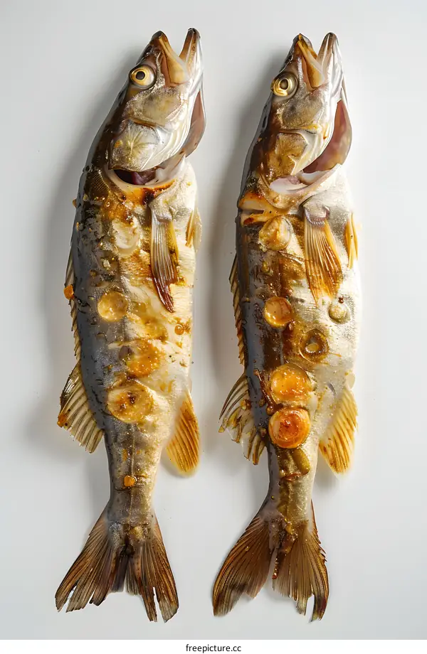 Two grilled fish on a white background