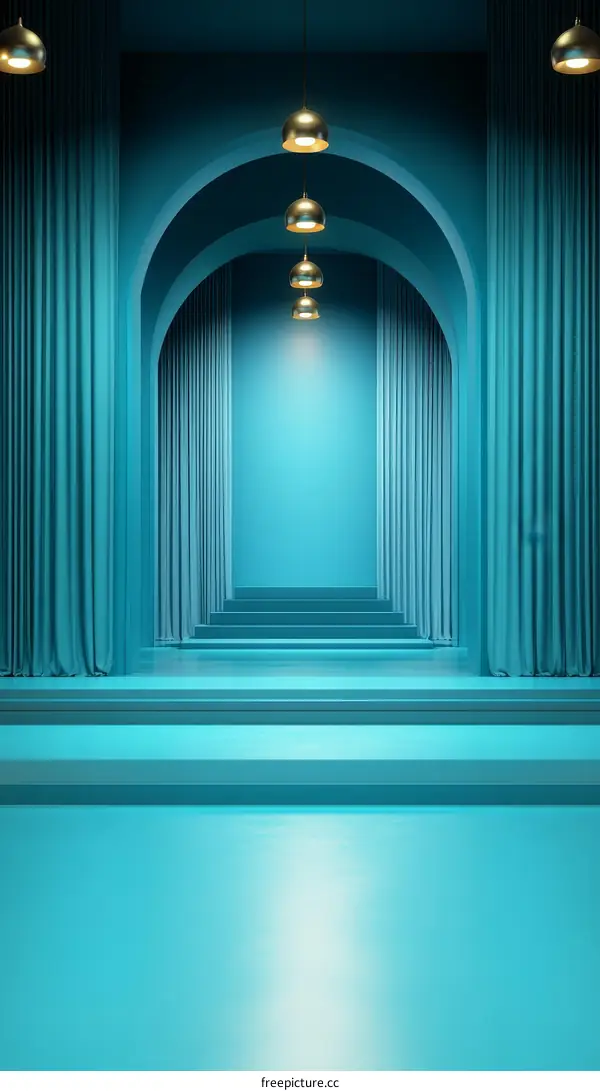 Empty Turquoise Archway Corridor with Golden Lights