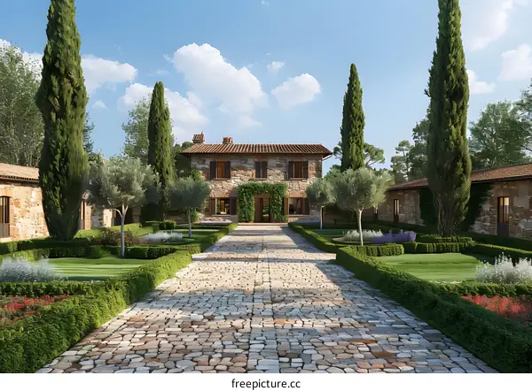 Stone Villa with Cypress Trees and Landscaped Gardens