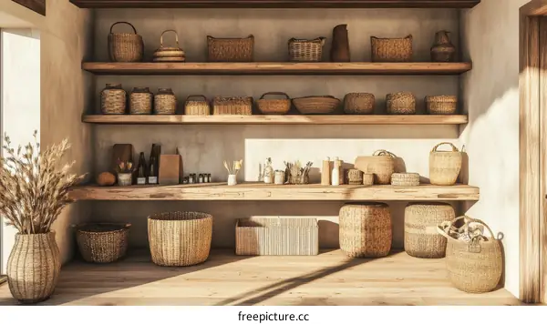Rustic Wooden Shelving with Natural Baskets