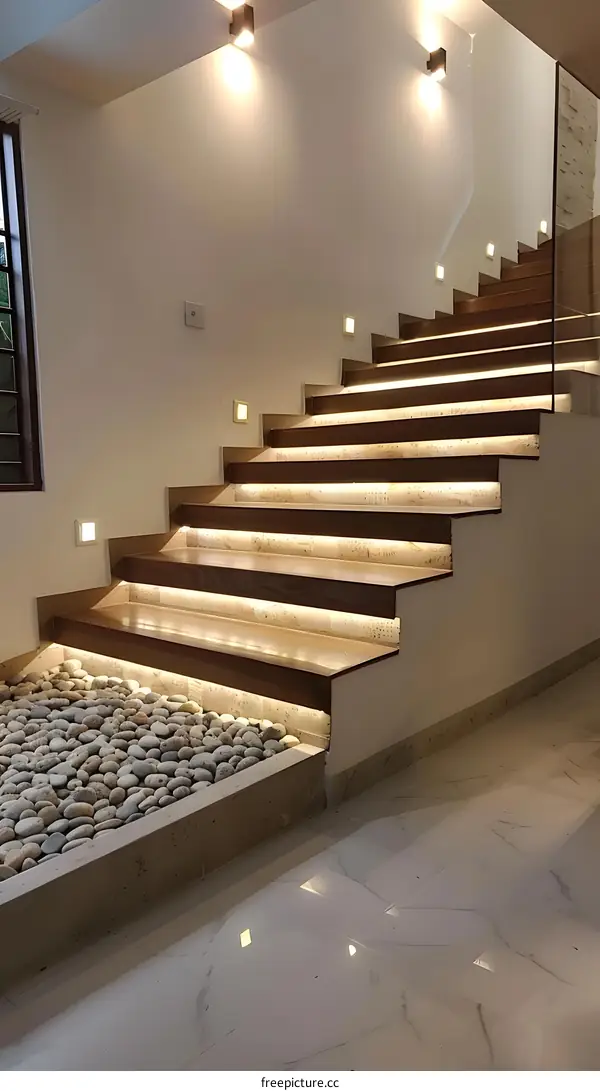 Modern Staircase with Stone Floor and Pebble Garden
