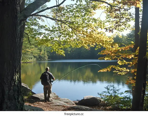 Man Fishing on a Lake in Autumn