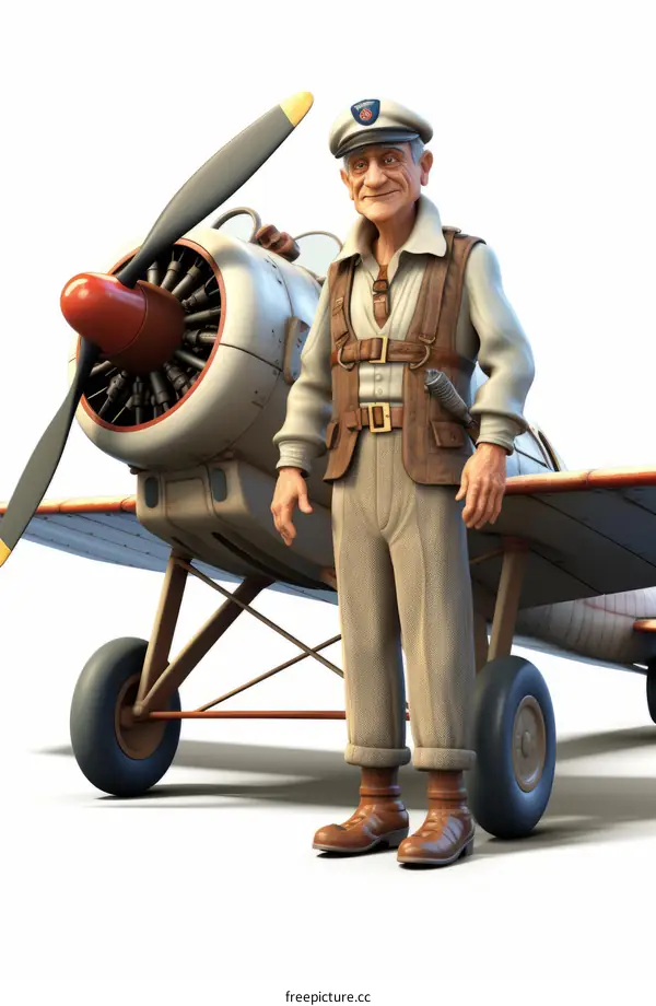 A cartoon image of an old pilot standing next to a vintage airplane