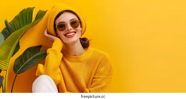 Happy Woman in Yellow Sweater and Sunglasses