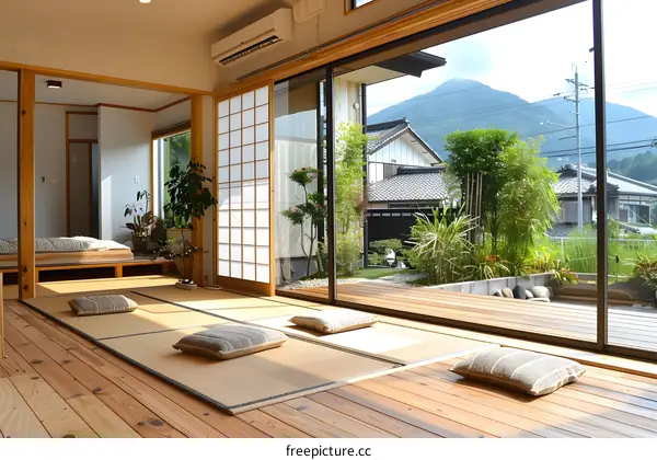 Traditional Japanese Style Living Room With Tatami Mats And Garden View