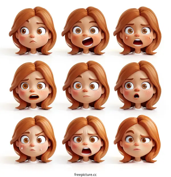 3D Cartoon Character Female Head With Different Expressions