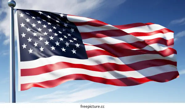 Waving American Flag Against Blue Sky