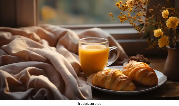 A warm cup of orange juice and a plate of croissants on a table near a window