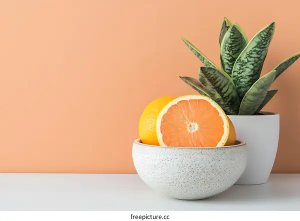 Orange Slices and Green Plant in a Bowl on a Table