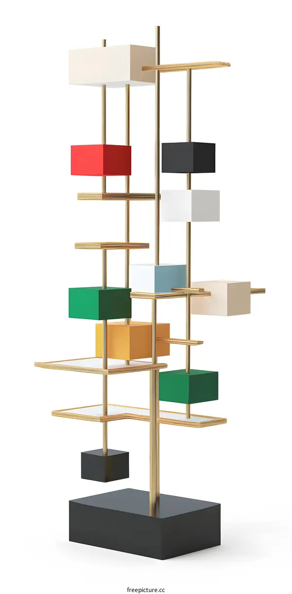 Abstract Modern Gold Metal Shelf Unit With Colorful Cubes