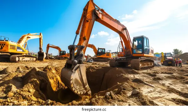Several workers are operating heavy machinery to dig a large hole in the ground