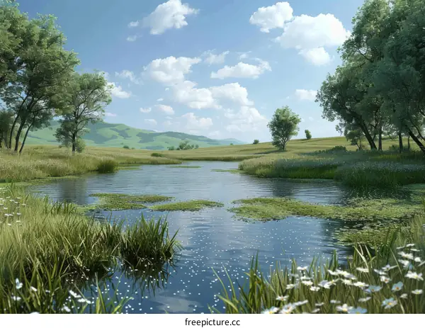 Tranquil Water Meadow Landscape with Pond and Trees