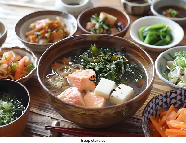 Japanese Salmon Soup with Side Dishes