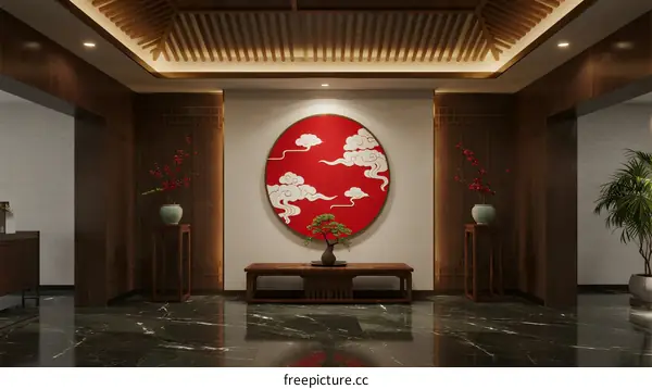 Elegant Chinese Style Hall with Red Decorative Painting and Wooden Elements