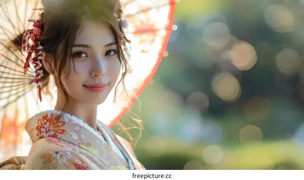 Beautiful Japanese Woman in Traditional Kimono Holding an Umbrella