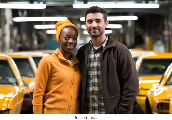 Portrait of two smiling multiethnic workers in a factory