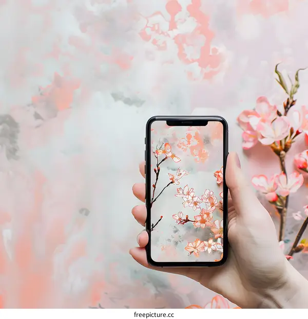 Hand Holding a Smartphone with Cherry Blossoms Wallpaper