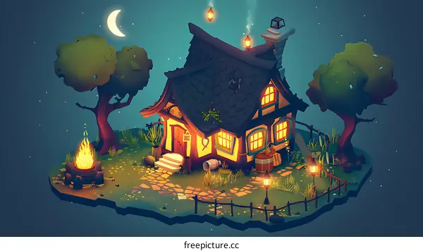 Fantasy Night Cottage Illustration