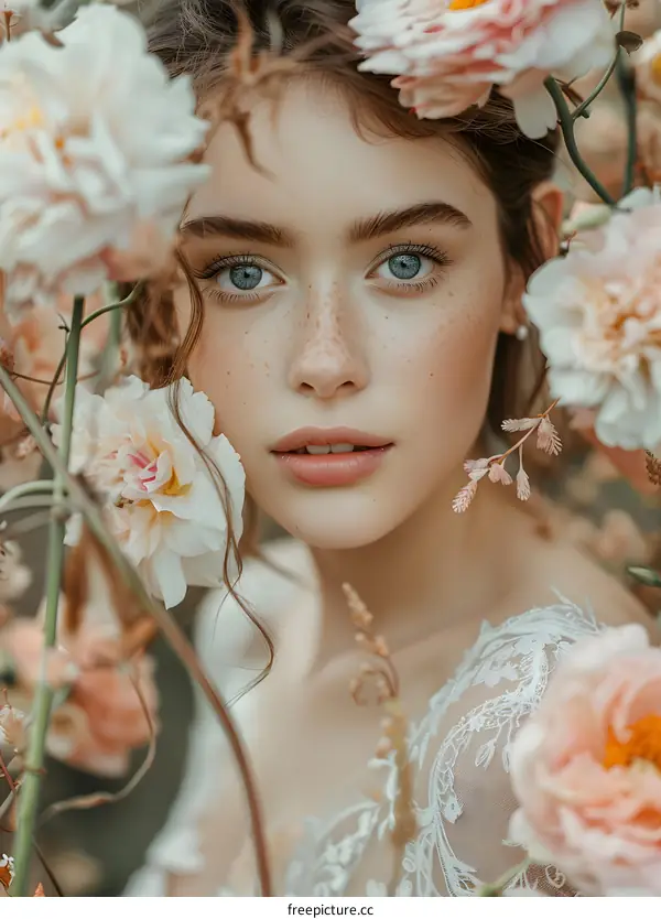 Freckled girl smiling in a flower field
