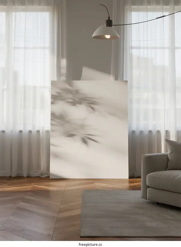 Minimalist living room with white canvas and natural light through curtains