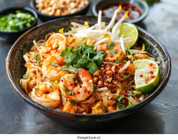 Delicious Pad Thai Noodles With Shrimp, Bean Sprouts, Peanuts and Lime
